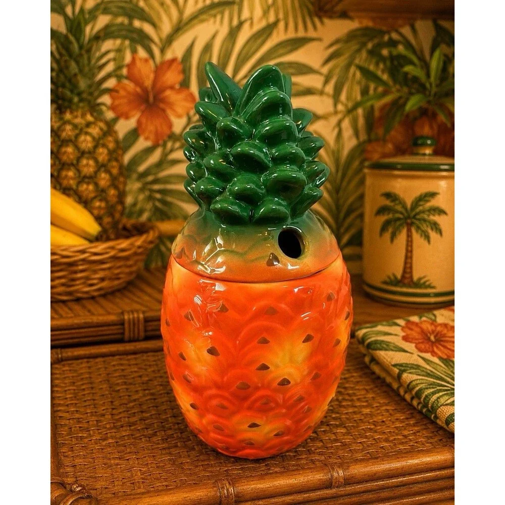 Vintage Ceramic Pineapple Sugar Bowl Jam Pot Canister w Lid Spoon Slot Decor